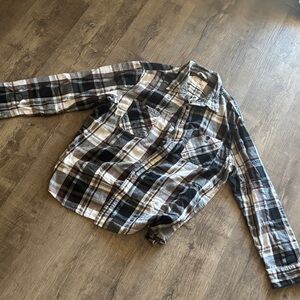Plaid Button-Up Shirt in Black, White & Brown